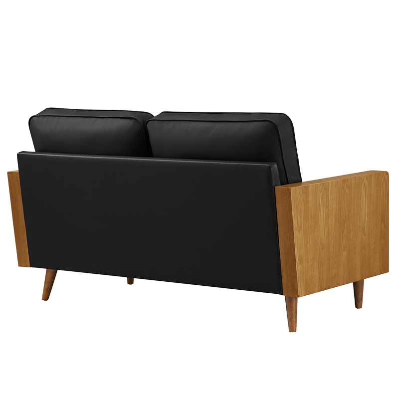 Maklaine Contemporary Vegan Leather Upholstered Loveseat in Walnut Black