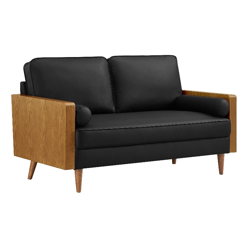 Maklaine Contemporary Vegan Leather Upholstered Loveseat in Walnut Black