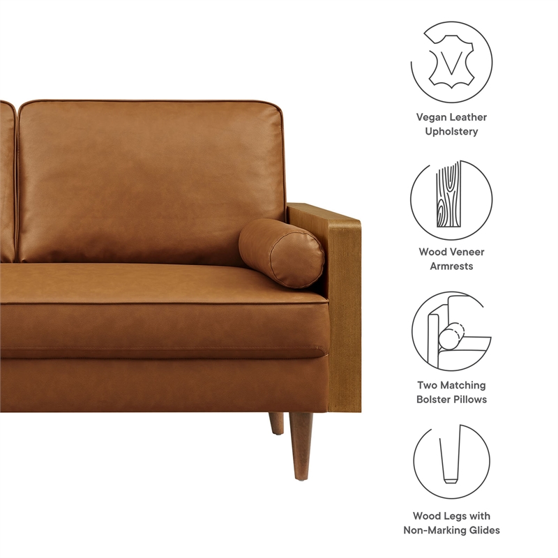 Maklaine Contemporary Vegan Leather Upholstered Loveseat in Walnut Tan