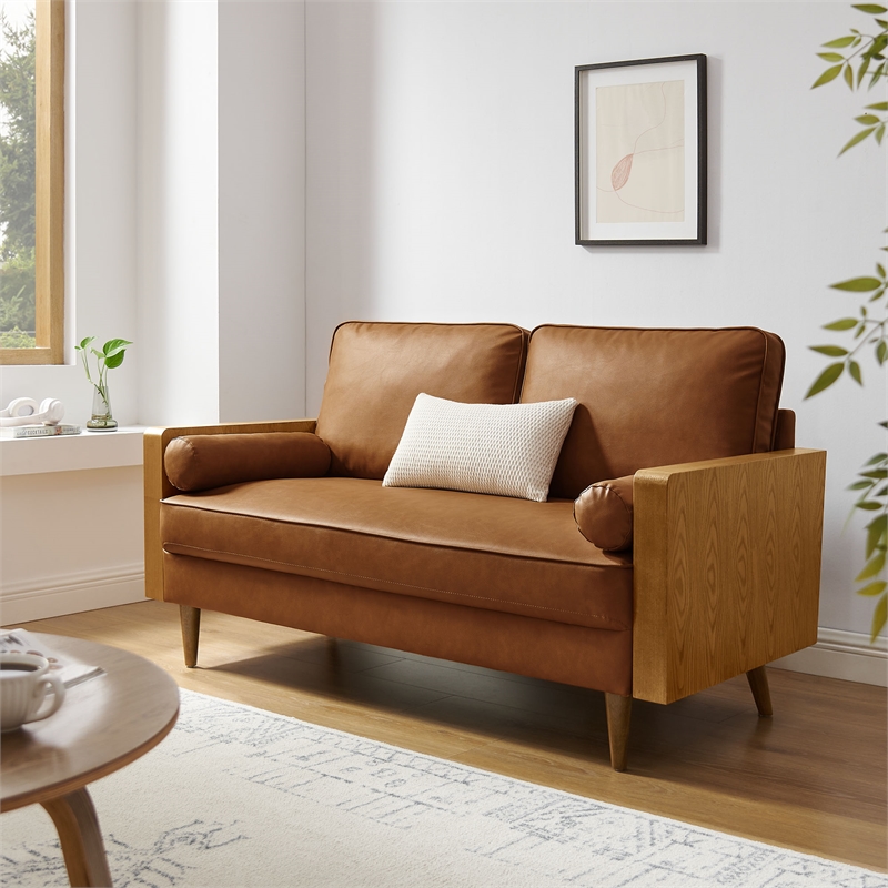 Maklaine Contemporary Vegan Leather Upholstered Loveseat in Walnut Tan
