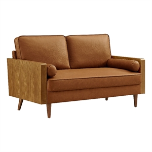 Maklaine Contemporary Vegan Leather Upholstered Loveseat in Walnut Tan