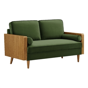 Maklaine Contemporary Vegan Leather Upholstered Loveseat in Walnut Moss Green