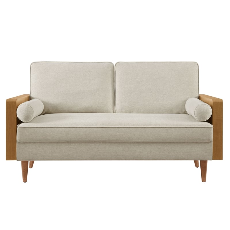 Maklaine Contemporary Loveseat in Walnut Heathered Weave Light Beige