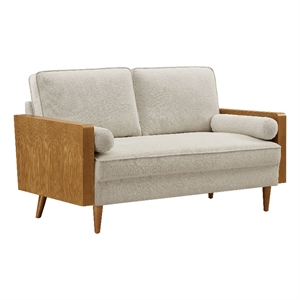 Maklaine Contemporary Loveseat in Walnut Heathered Weave Light Beige