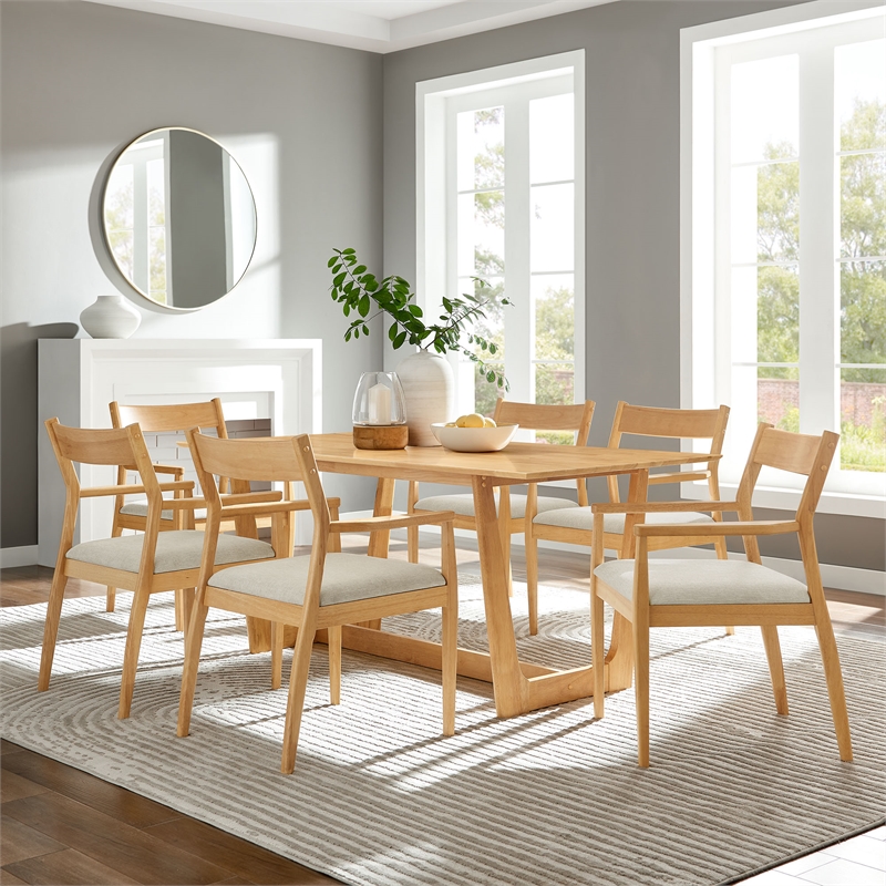 Maklaine 7-Pc Dining Set with Fabric Armchairs in Natural Heathered Weave Beige