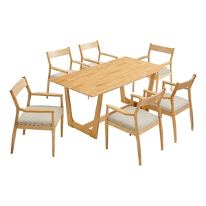 Maklaine 7-Pc Dining Set with Fabric Armchairs in Natural Heathered Weave Beige