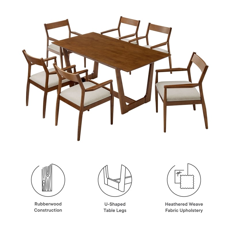 Maklaine 7-Pc Dining Set with Fabric Armchairs in Walnut Heathered Weave Beige