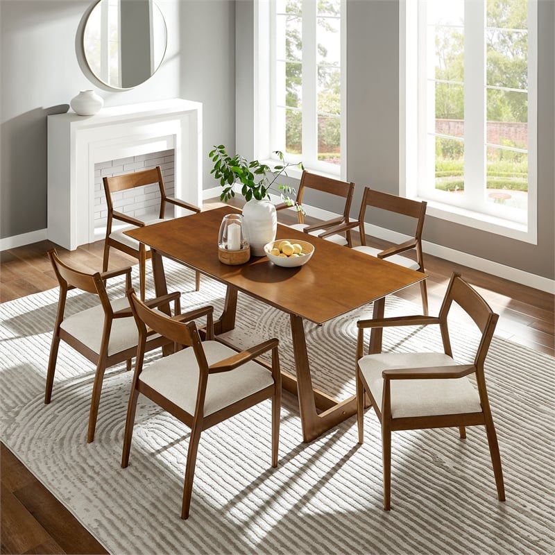 Maklaine 7-Pc Dining Set with Fabric Armchairs in Walnut Heathered Weave Beige