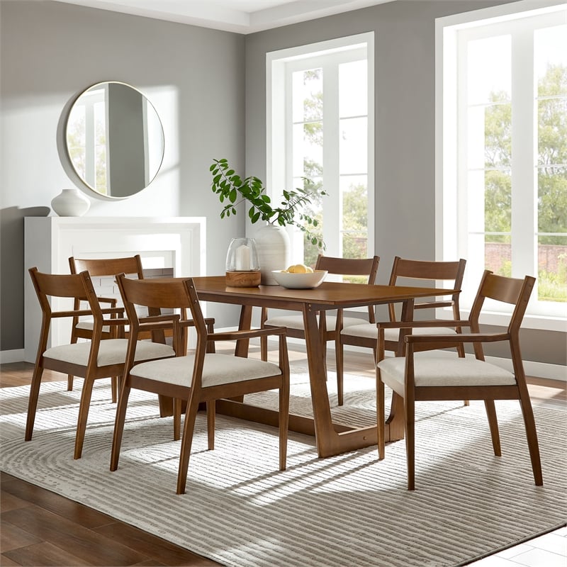 Maklaine 7-Pc Dining Set with Fabric Armchairs in Walnut Heathered Weave Beige