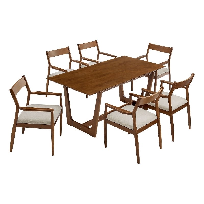 Maklaine 7-Pc Dining Set with Fabric Armchairs in Walnut Heathered Weave Beige