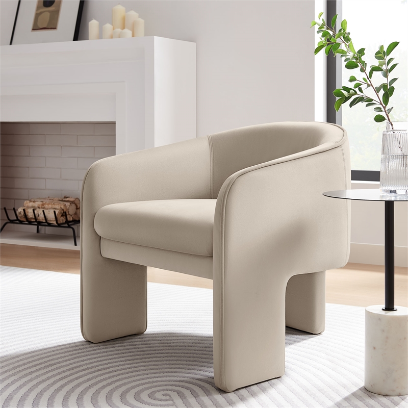 Maklaine Contemporary Performance Velvet Fabric Accent Armchair in Almond