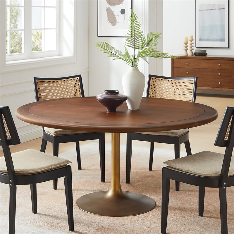 Maklaine Contemporary Mango Wood Tabletop Dining Table in Brass Walnut