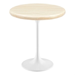 Maklaine 20&quot Round Artificial Travertine Stone Side Table in Brown/White