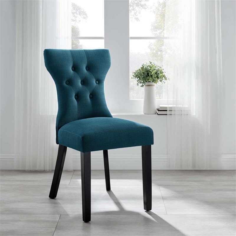 Maklaine Polyester Fabric and Rubberwood Dining Side Chair in Azure