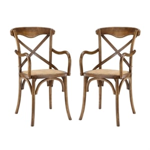 Maklaine 18.5&quot Modern Rattan and Wood Dining Armchair in Walnut (Set of 2)