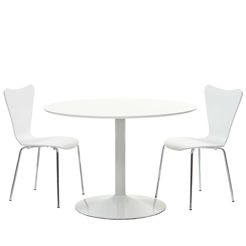 Maklaine Contemporary 3-Piece Wood Dining Set in White/Chrome