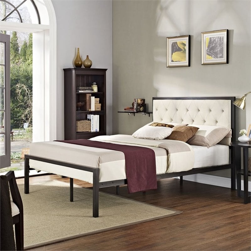 Maklaine Contemporary Full Tufted Panel Bed in Brown and Beige
