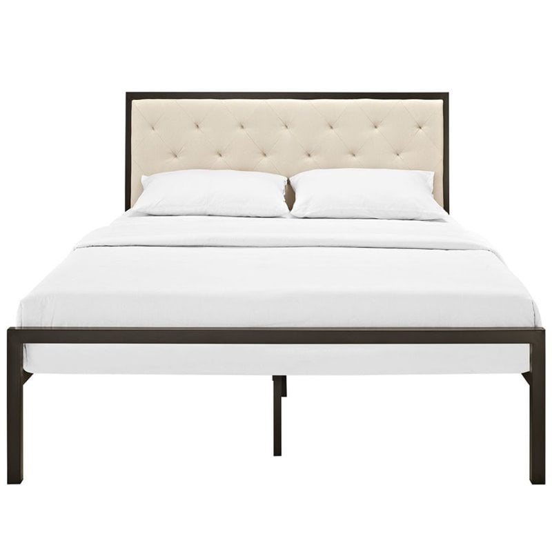 Maklaine Contemporary Queen Tufted Panel Bed in Brown and Beige