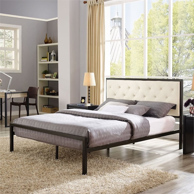Maklaine Contemporary Queen Tufted Panel Bed in Brown and Beige