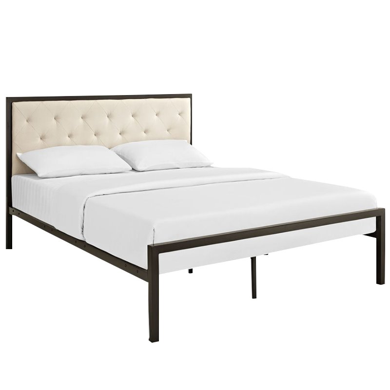 Maklaine Contemporary Queen Tufted Panel Bed in Brown and Beige