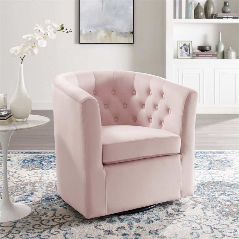 Maklaine Tufted Performance Velvet/Wood Swivel Armchair in Pink