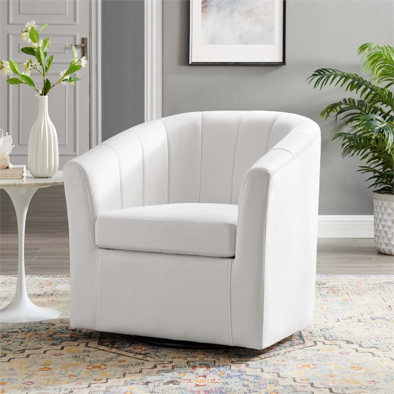Maklaine Contemporary Performance Velvet Swivel Armchair in White