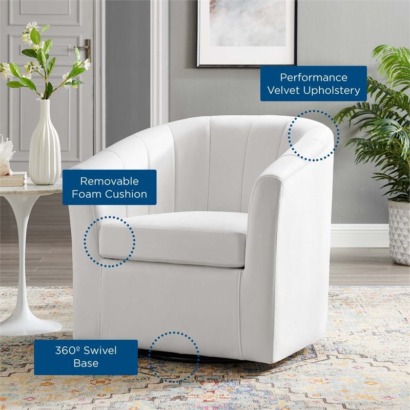 Maklaine Contemporary Performance Velvet Swivel Armchair in White