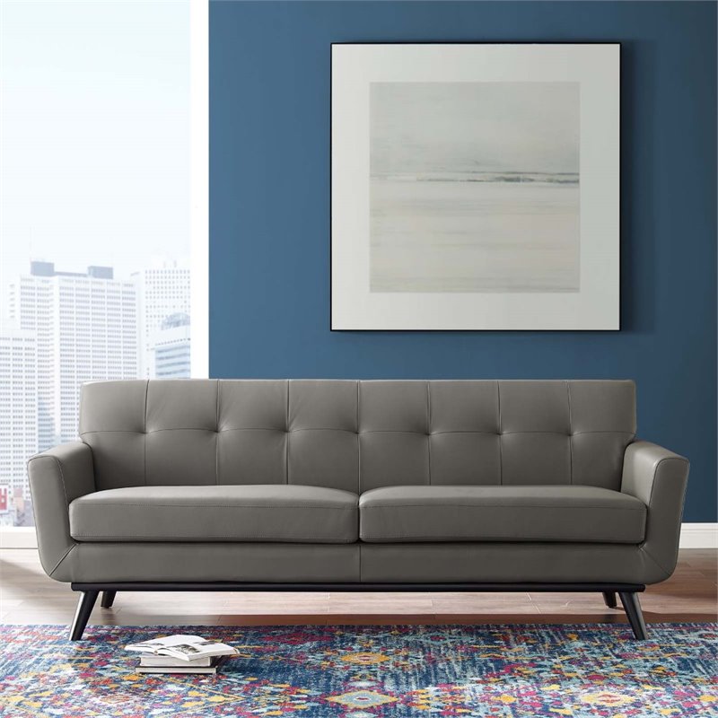 Maklaine Contemporary Top-Grain Leather Living Room Sofa in Gray
