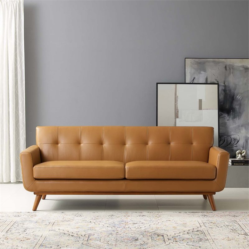 Maklaine Contemporary Top-Grain Leather Living Room Sofa in Tan