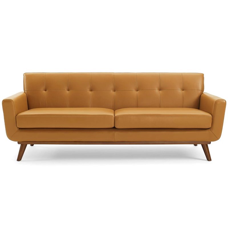 Maklaine Contemporary Top-Grain Leather Living Room Sofa in Tan