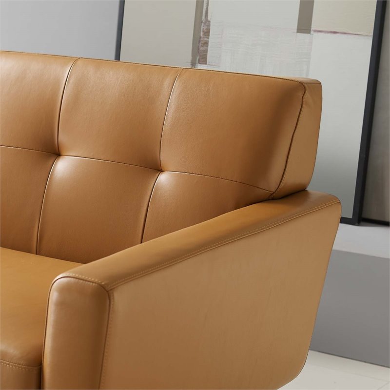 Maklaine Contemporary Top-Grain Leather Living Room Sofa in Tan