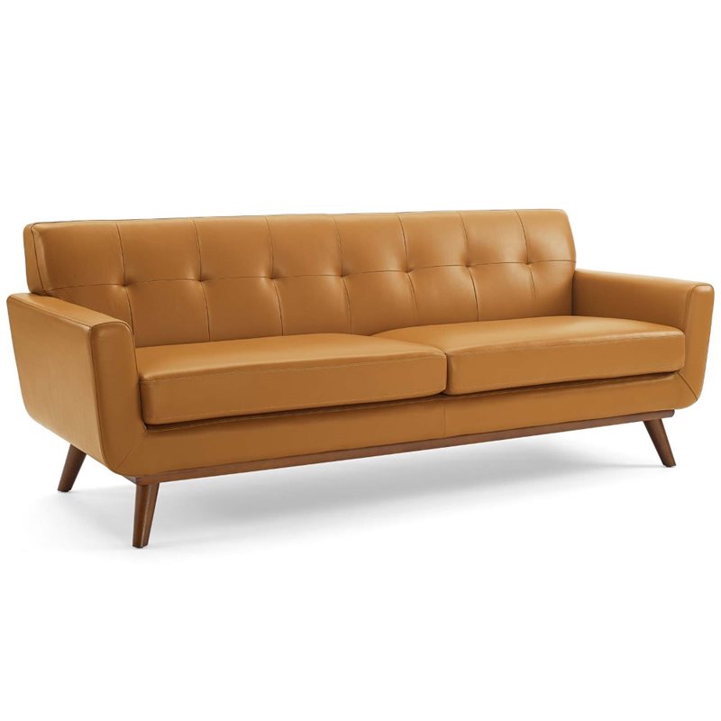 Maklaine Contemporary Top-Grain Leather Living Room Sofa in Tan