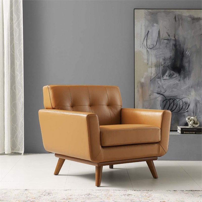 Maklaine Top-Grain Leather Living Room Accent Armchair in Tan