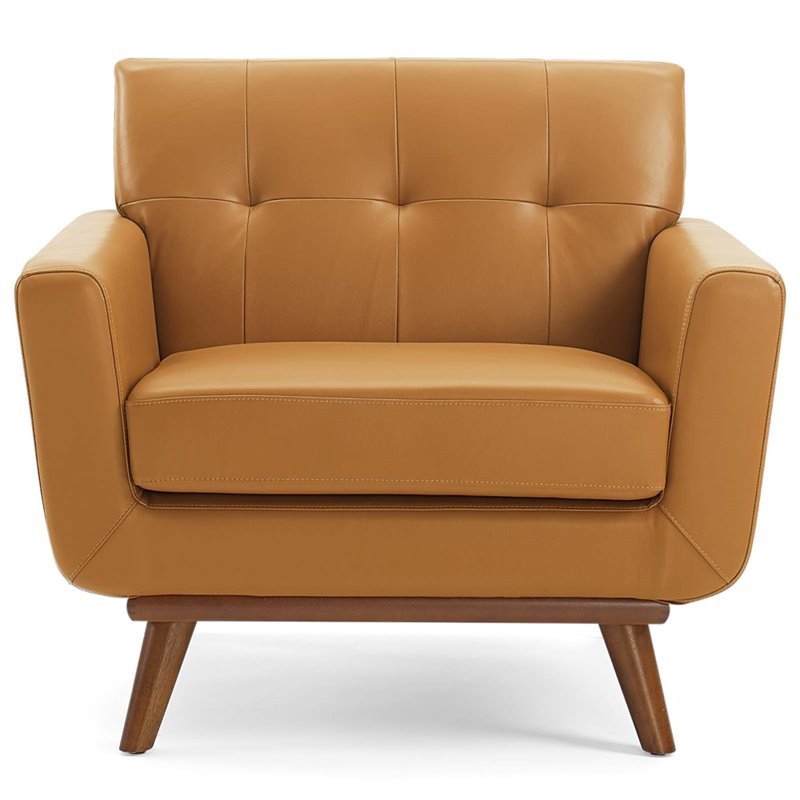 Maklaine Top-Grain Leather Living Room Accent Armchair in Tan