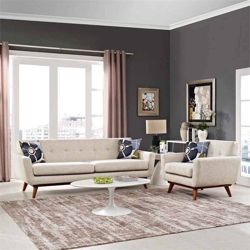 Maklaine Modern Fabric 2-Piece Sofa Set with Armchairs in Beige