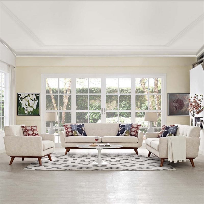 Maklaine Modern Fabric 2-Piece Sofa Set with Armchairs in Beige