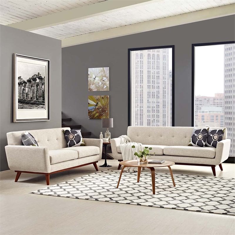 Maklaine Modern Fabric 2-Piece Sofa Set with Loveseat in Beige