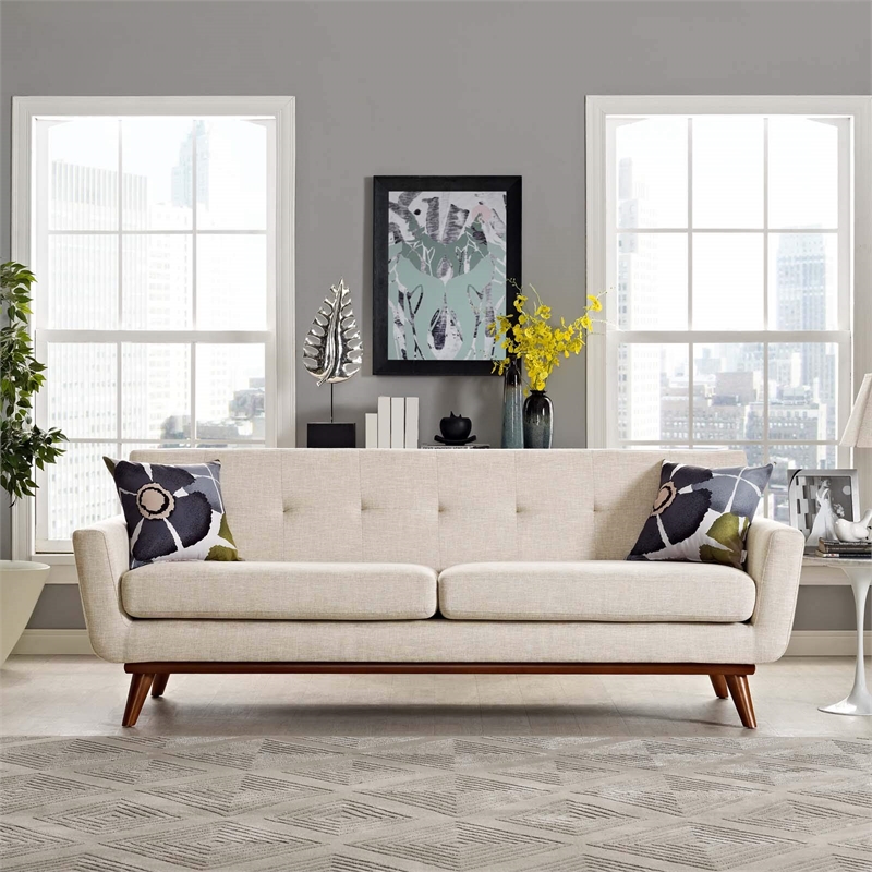 Maklaine Contemporary Upholstered Fabric Tufted Sofa in Beige