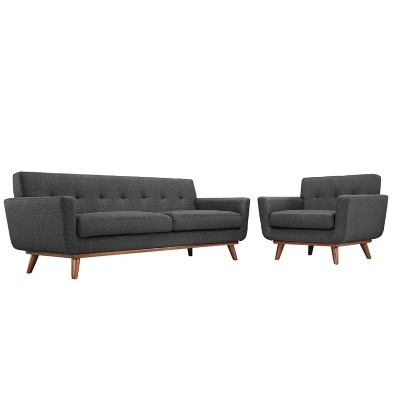 Maklaine Modern Fabric 2-Piece Sofa Set with Armchairs in Gray
