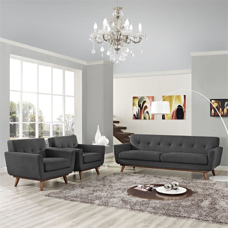 Maklaine Modern Fabric 3-Piece Sofa Set with Armchairs in Gray