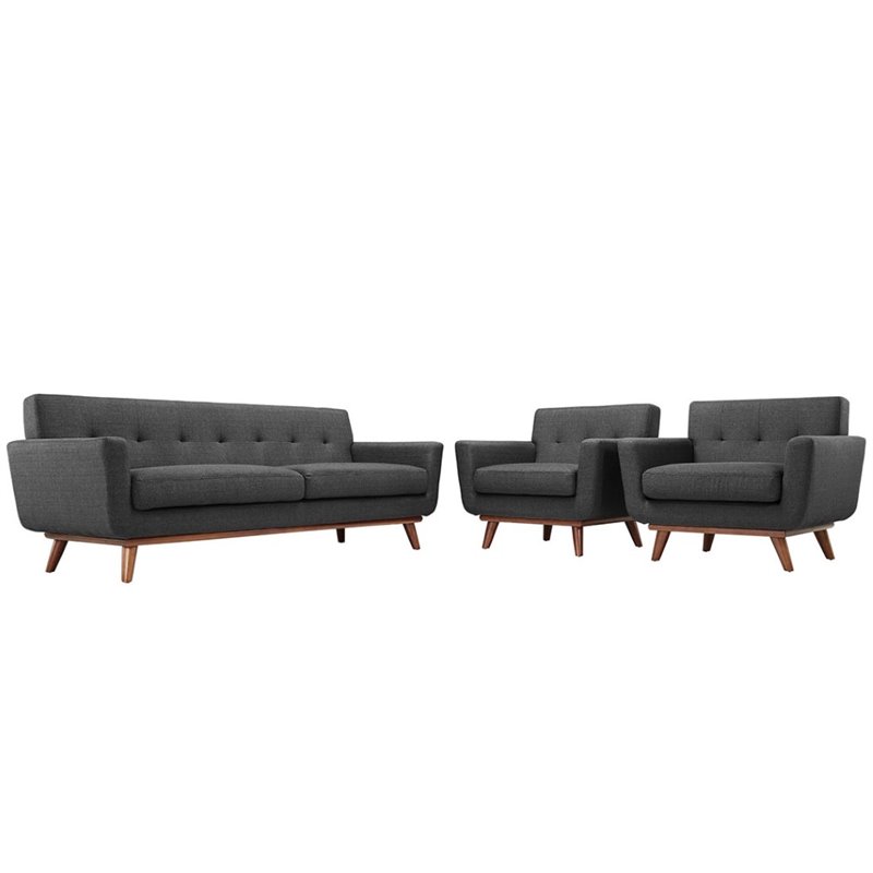 Maklaine Modern Fabric 3-Piece Sofa Set with Armchairs in Gray