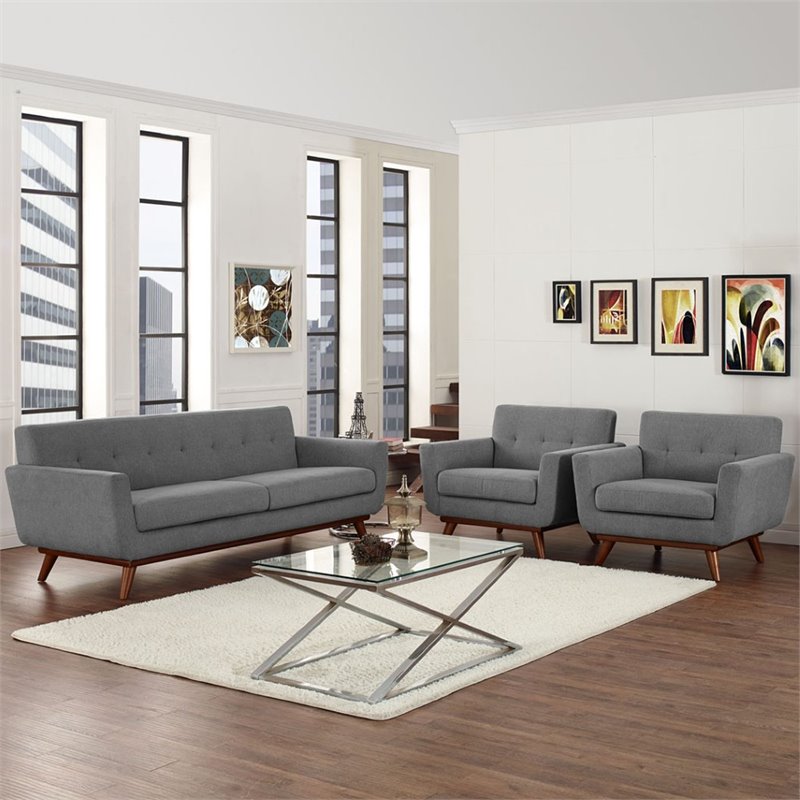 Maklaine Modern Fabric 3-Piece Sofa Set with Armchairs in Expectation Gray
