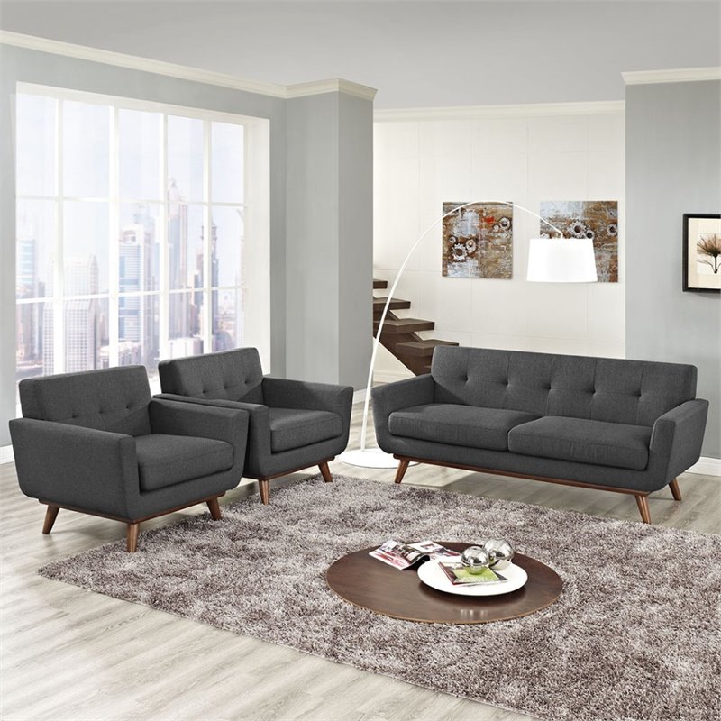 Maklaine Modern Fabric 3-Piece Set w/ Armchair & Loveseat in Gray