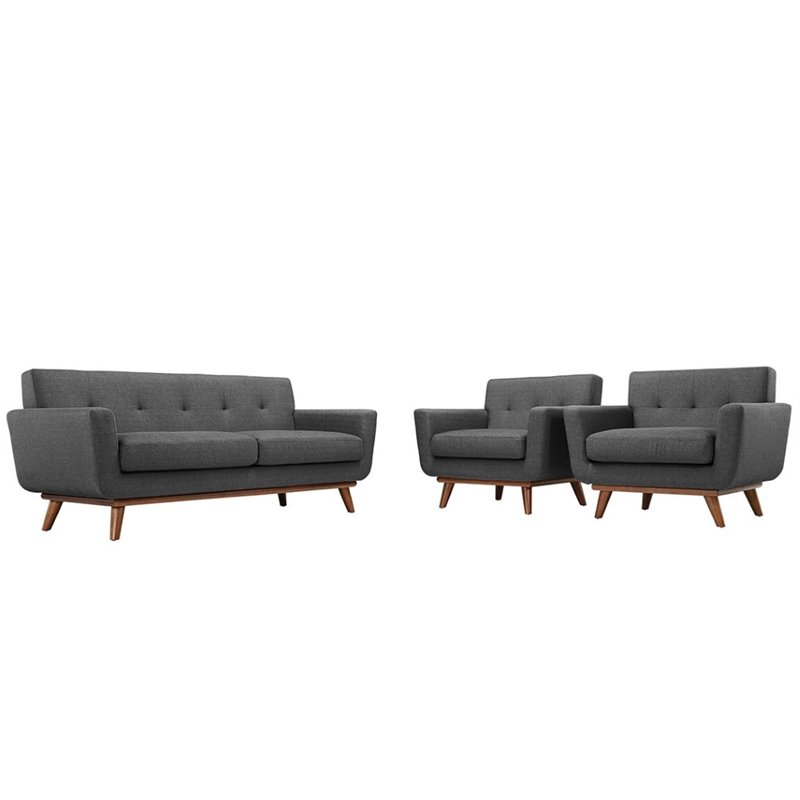 Maklaine Modern Fabric 3-Piece Set w/ Armchair & Loveseat in Gray