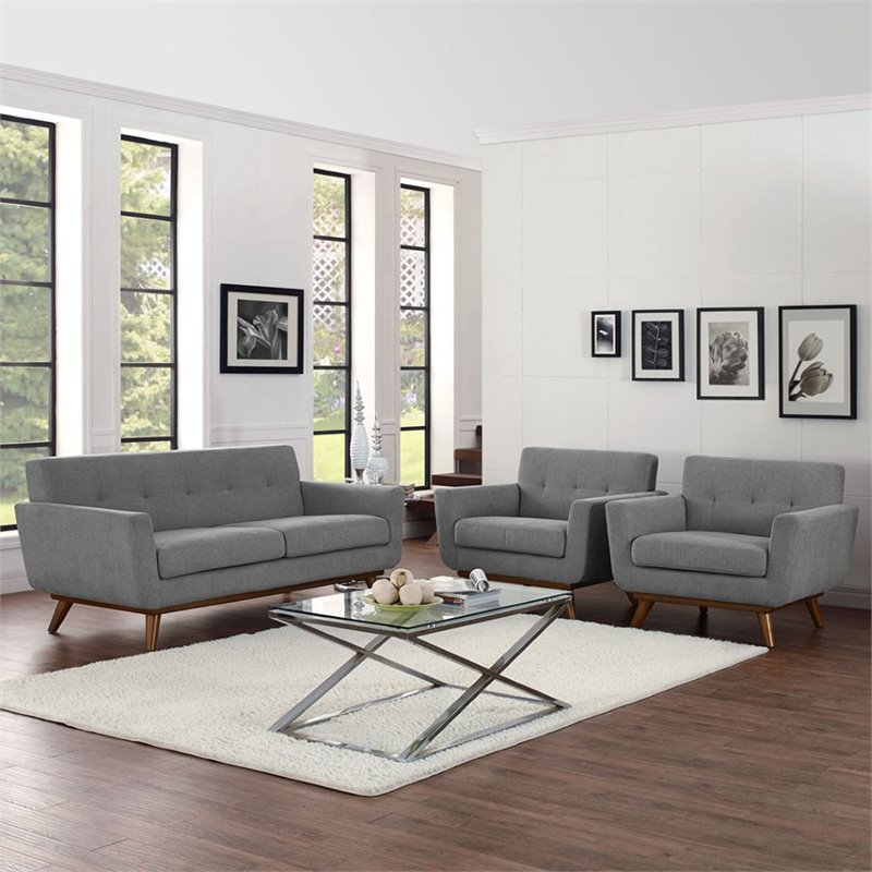 Maklaine Modern Fabric 3-Piece Set w/ Chair & Loveseat in Expectation Gray