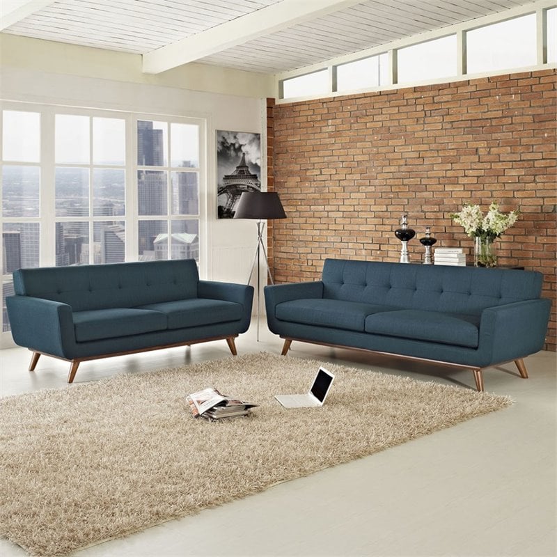 Maklaine Modern Fabric 2-Piece Sofa Set with Loveseat in Azure Blue
