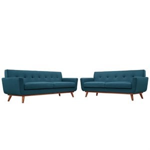 Maklaine Modern Fabric 2-Piece Sofa Set with Loveseat in Azure Blue