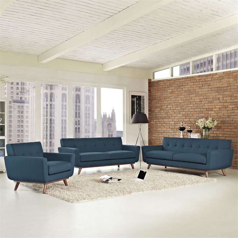 Maklaine Modern Fabric 3-Piece Sofa Set with Loveseat & Chair in Azure Blue