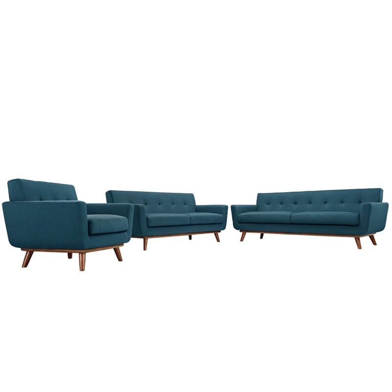 Maklaine Modern Fabric 3-Piece Sofa Set with Loveseat & Chair in Azure Blue