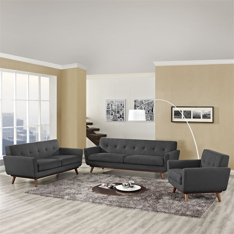 Maklaine Modern Fabric 3-Piece Sofa Set with Loveseat & Armchair in Gray